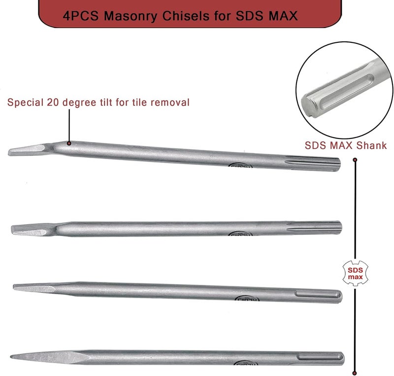 Regiis Tech 4 pcs SDS MAX 15.7 inch Chisel Set, Masonry Concrete Drill Bit Set, Tile Removal Chisel Bits for Brick Stone Tile Floor Removal - Image 3